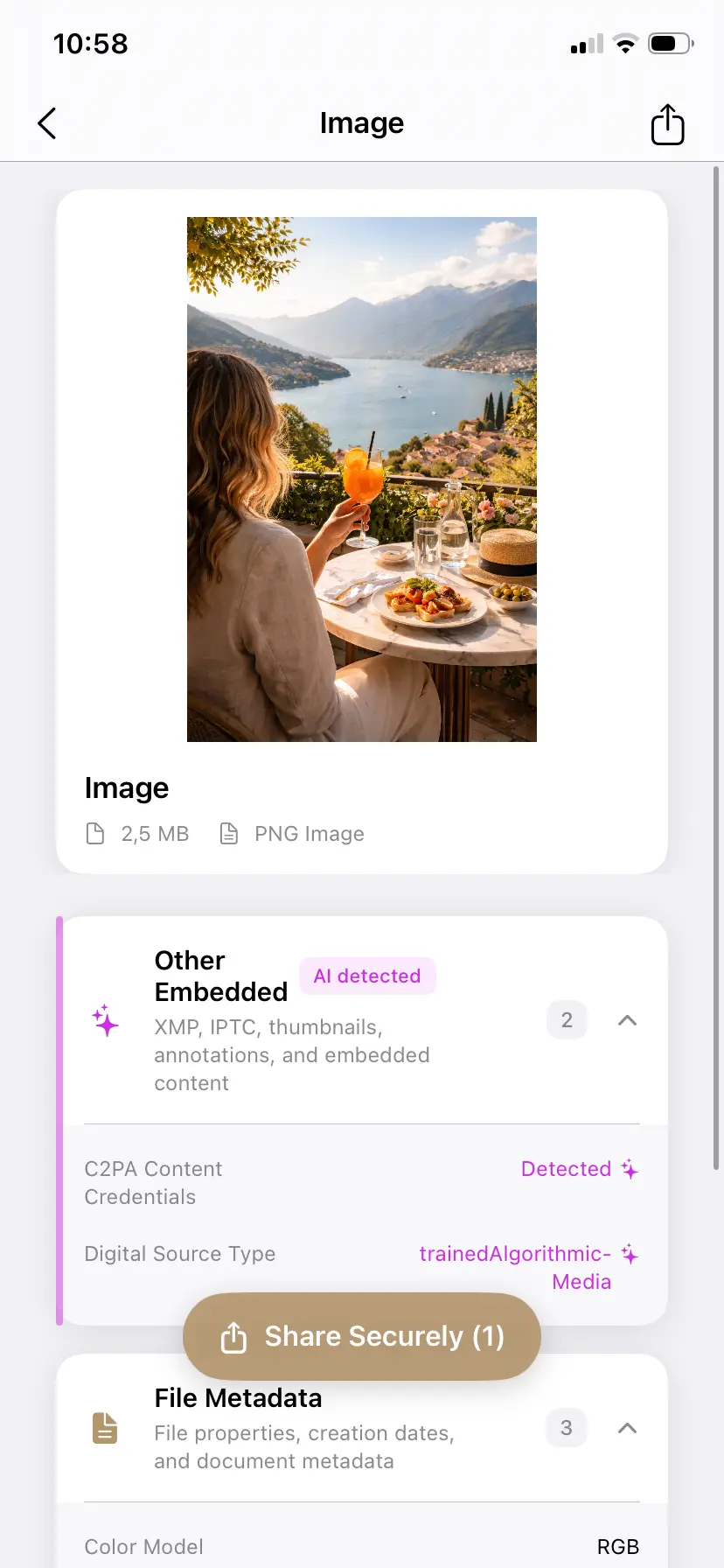 PrivyClean iPhone screen showing AI-detected metadata before sharing