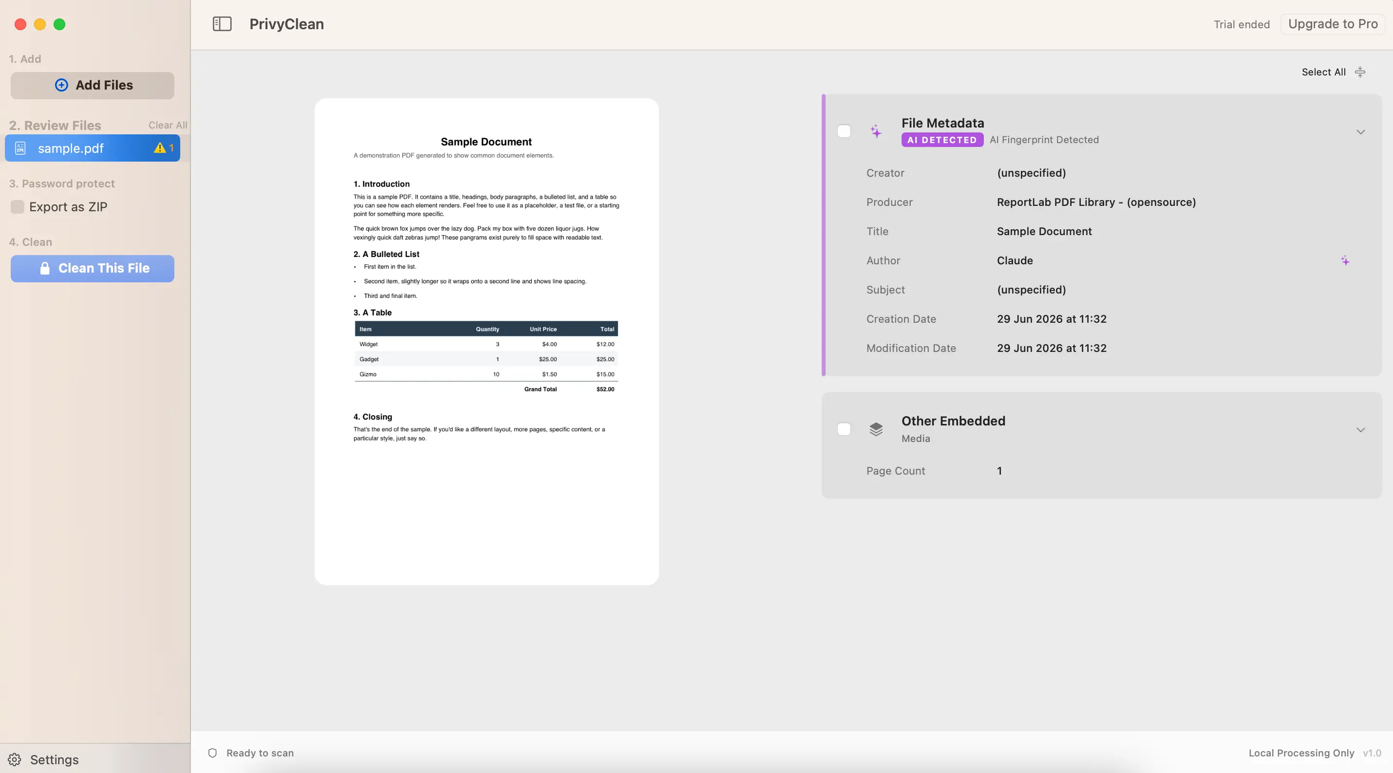 PrivyClean for Mac flagging a PDF with 'AI Detected — AI Fingerprint Detected': the Author field reads Claude and the Producer identifies the ReportLab PDF generation library