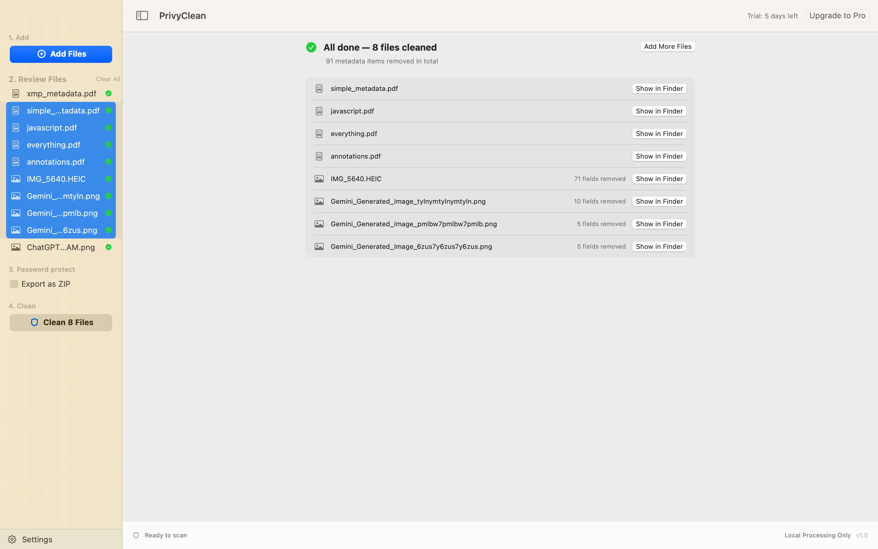 PrivyClean for Mac after cleaning a batch of files, showing the metadata removed from each document