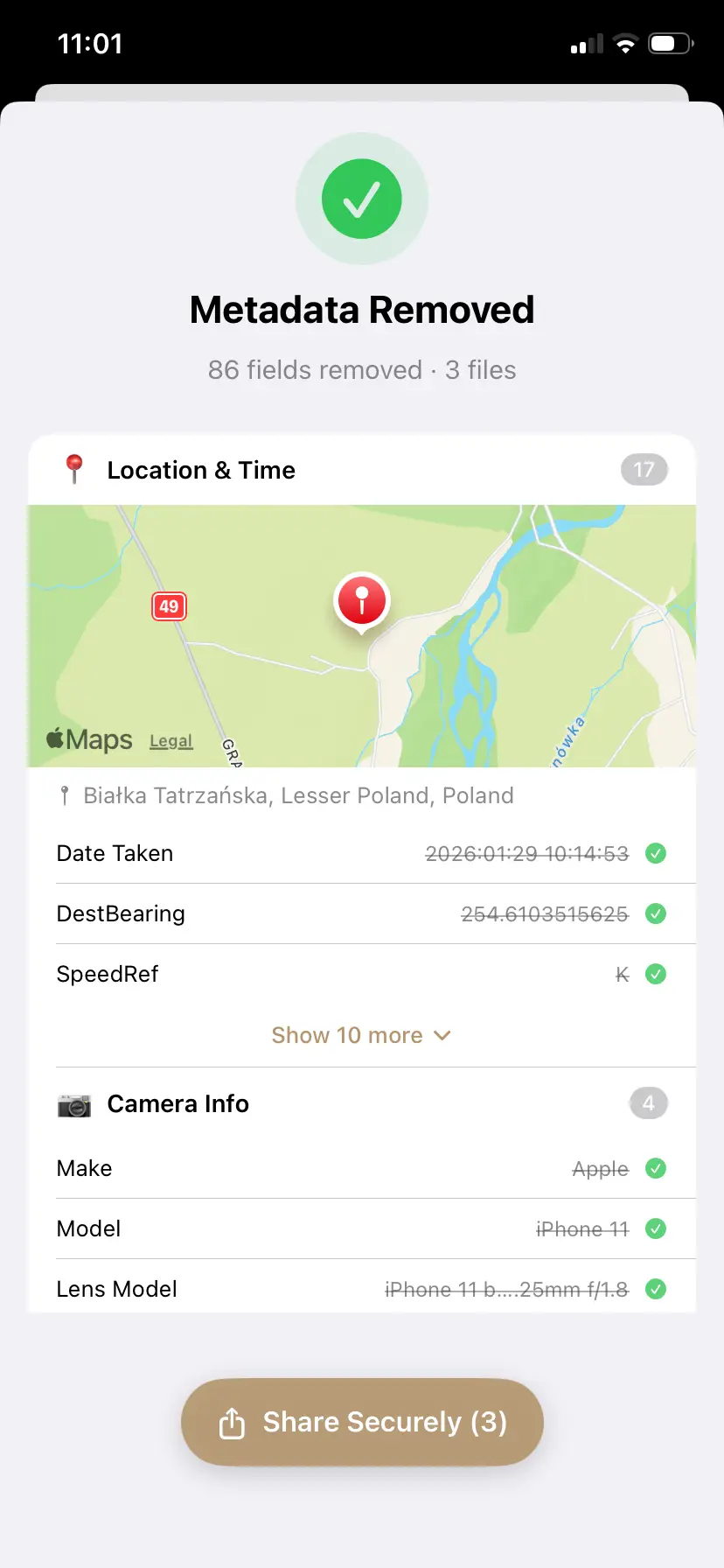 PrivyClean iPhone screen showing cleaned metadata ready to share