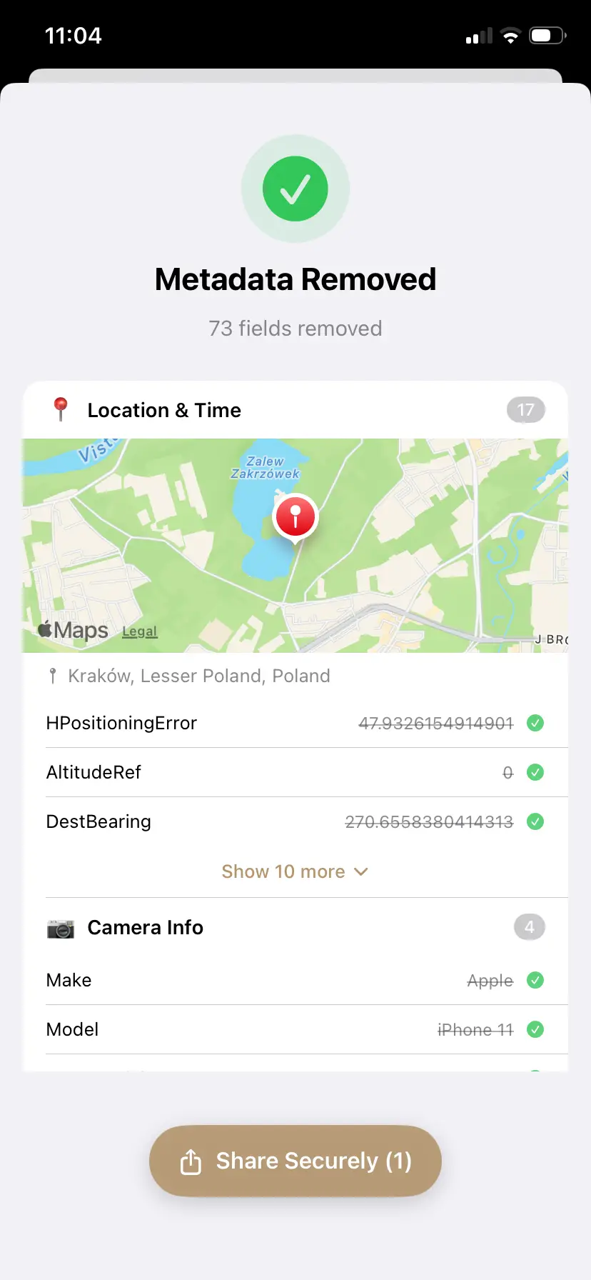 PrivyClean iPhone screen showing cleaned photo metadata including camera information