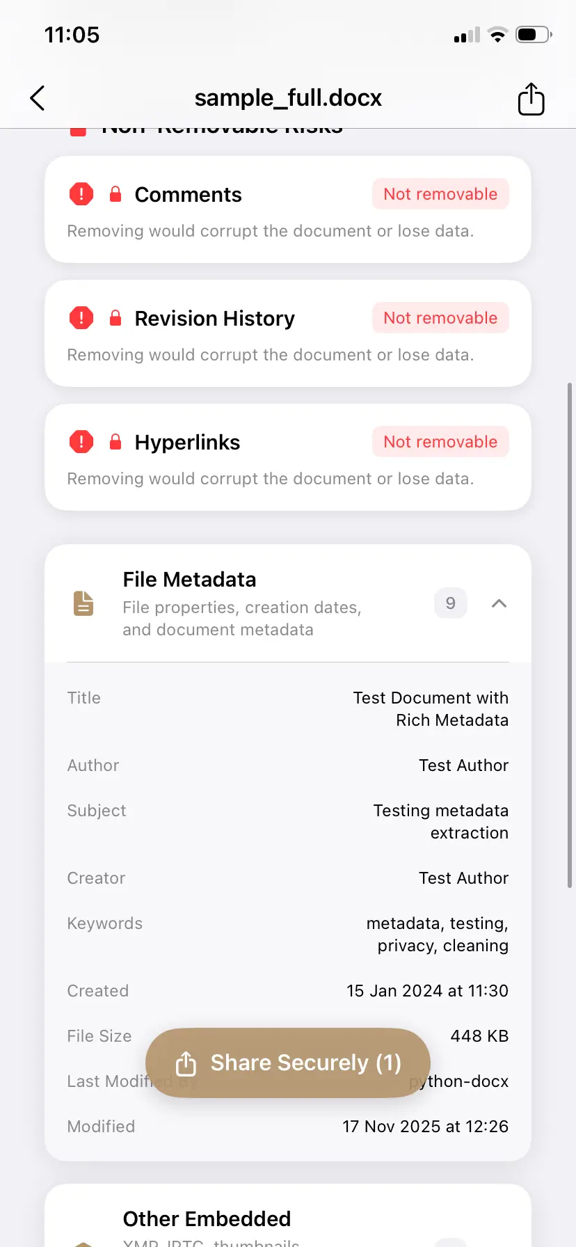 PrivyClean inspecting a Word document and showing the hidden author, company, and revision metadata inside it