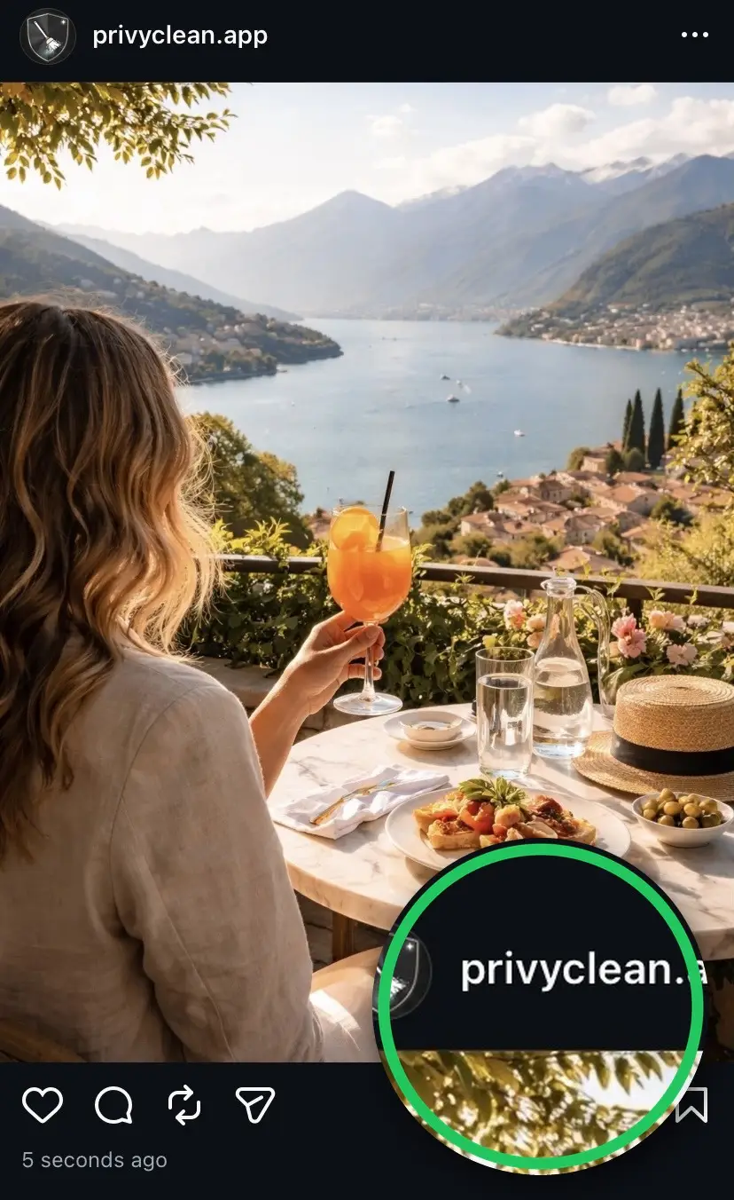 The same AI-generated photo posted to Instagram after cleaning with PrivyClean — no AI label