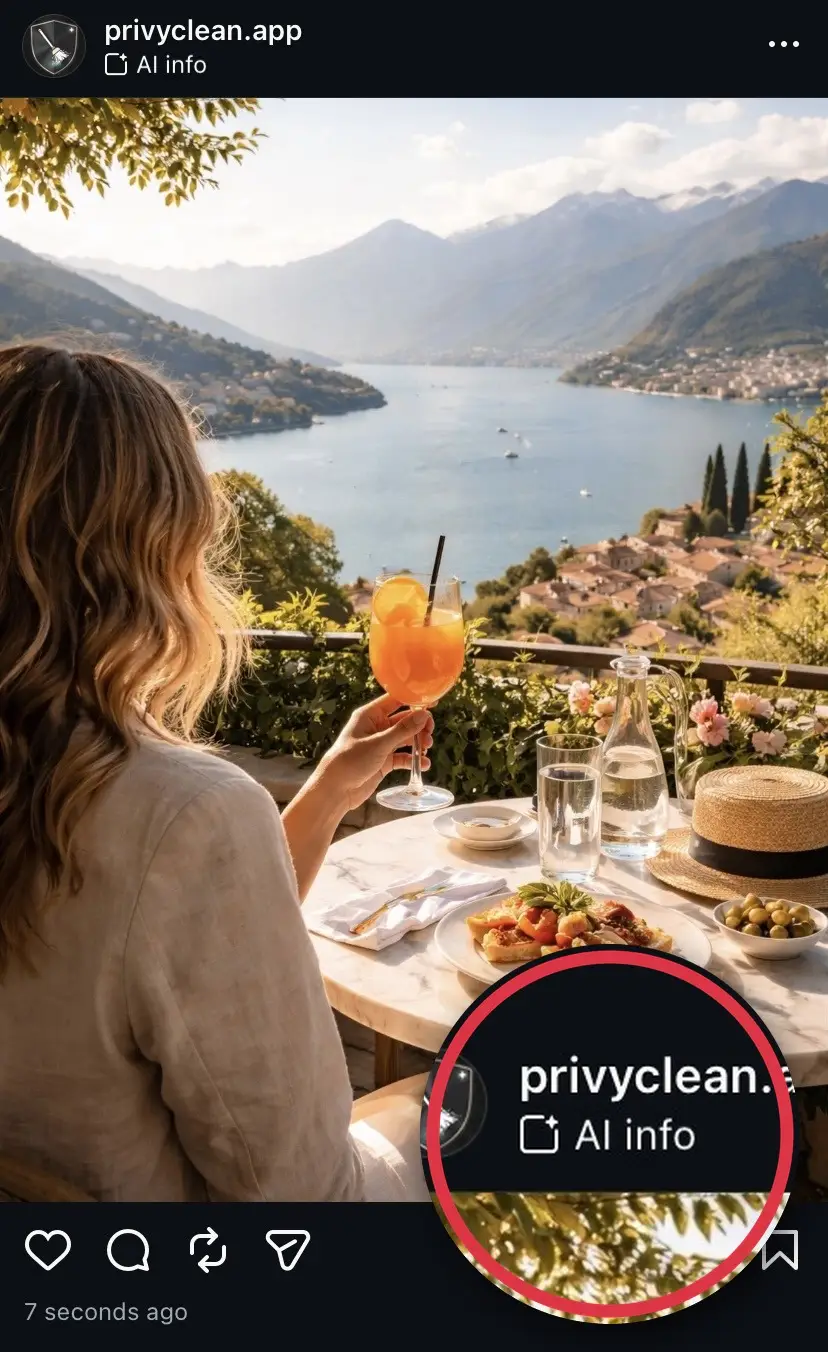 Instagram post of an AI-generated photo showing the 'AI Info' label under the username