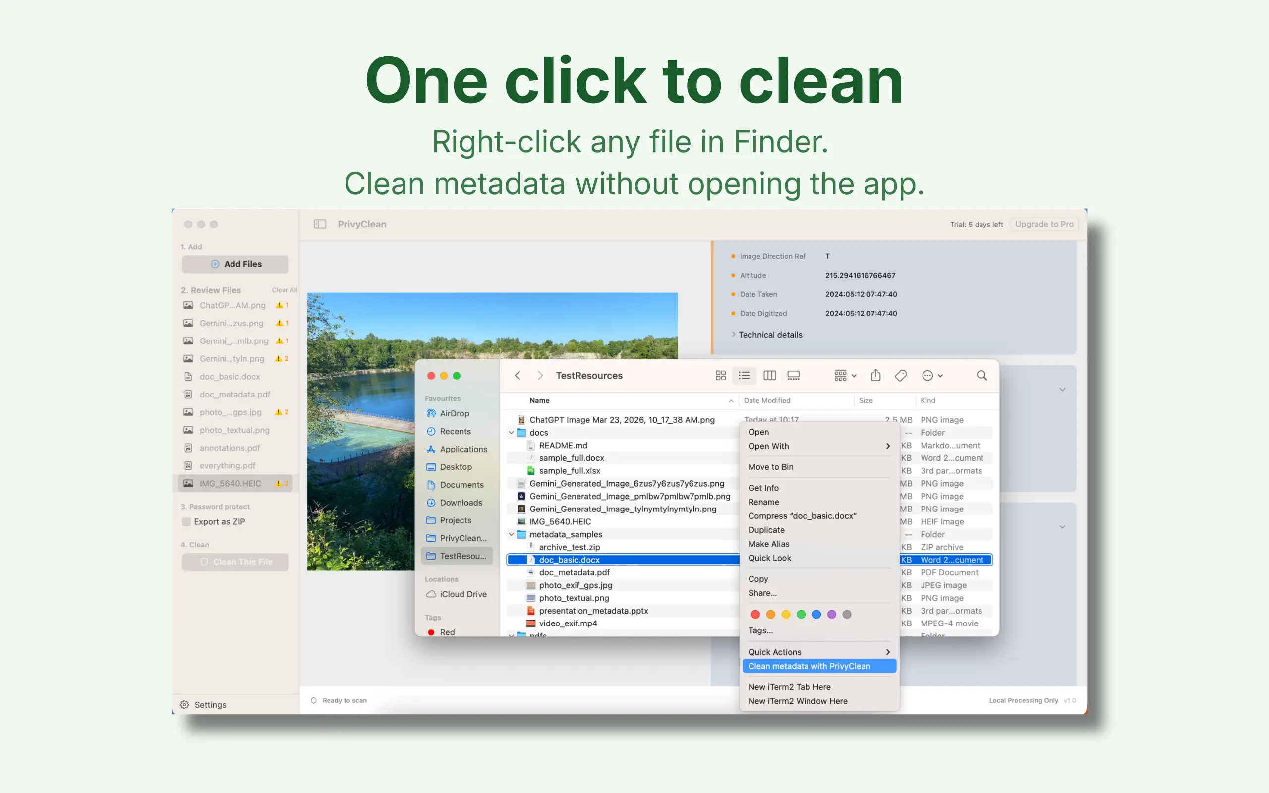 PrivyClean's Finder Quick Action cleaning metadata from files directly from the right-click menu on Mac