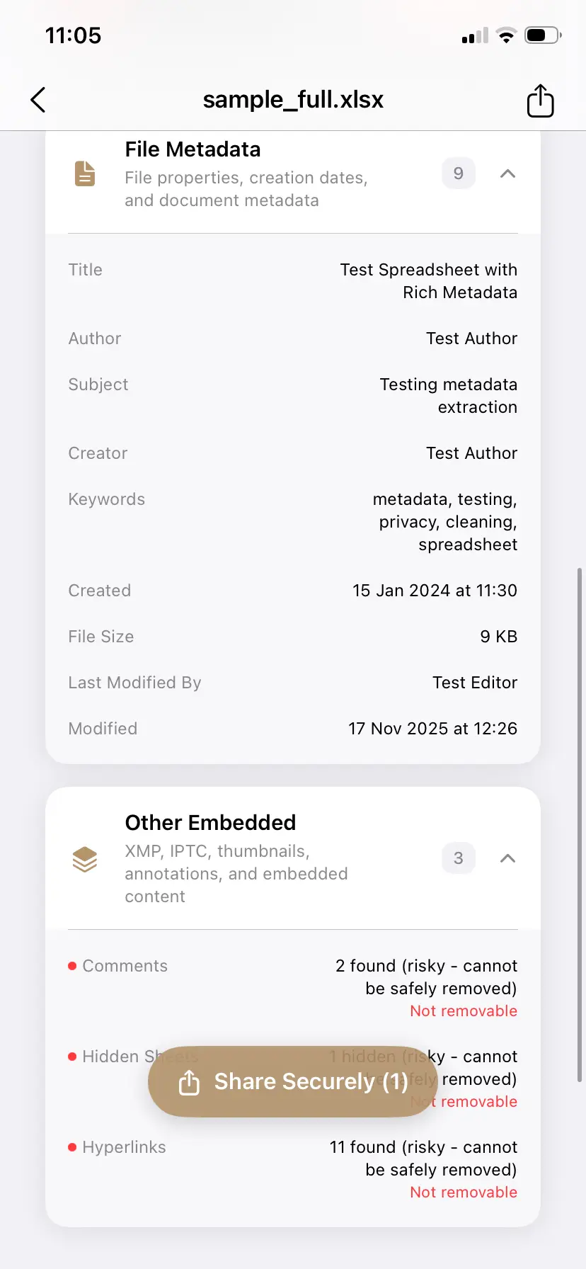PrivyClean inspecting an Excel spreadsheet and showing the hidden author, company, and risk metadata inside it