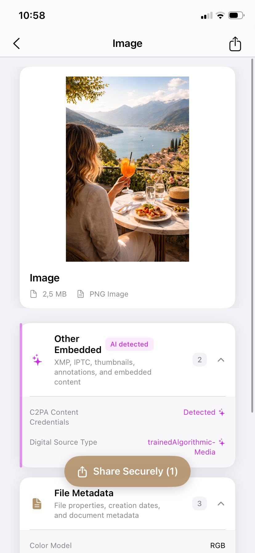 PrivyClean iPhone screen showing AI-detected metadata before sharing