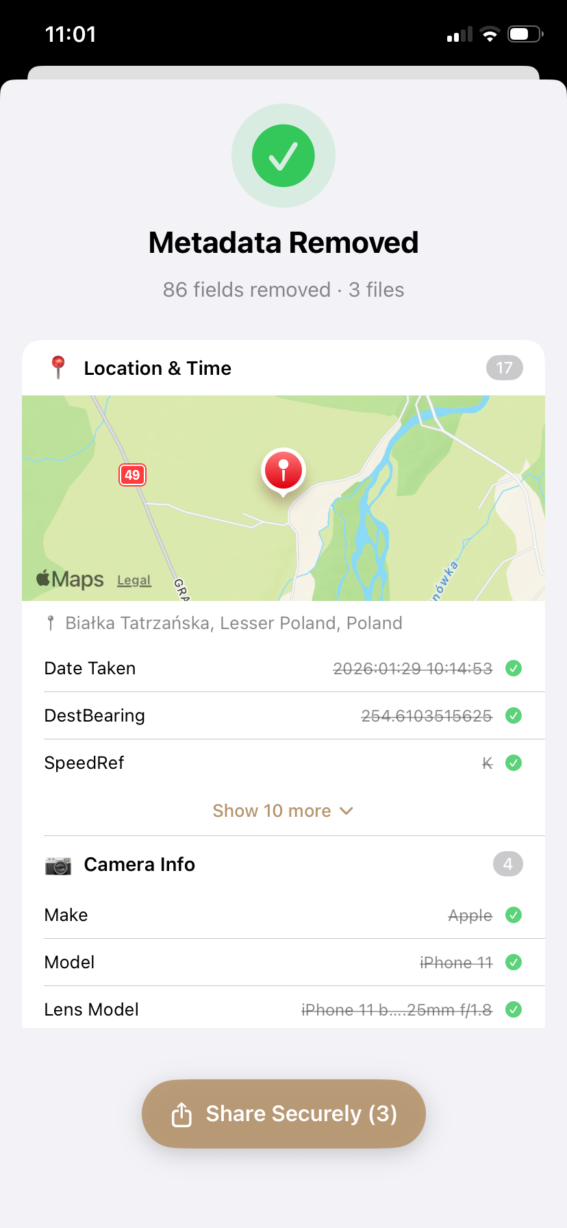 PrivyClean iPhone screen showing cleaned metadata ready to share