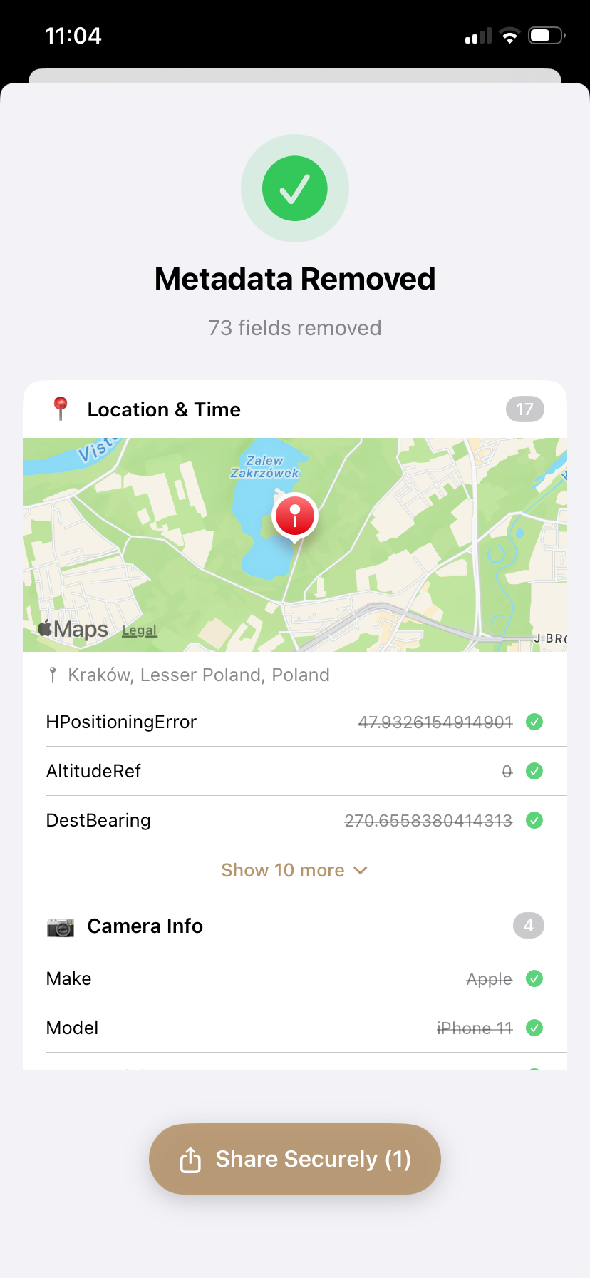 PrivyClean iPhone screen showing cleaned photo metadata including camera information
