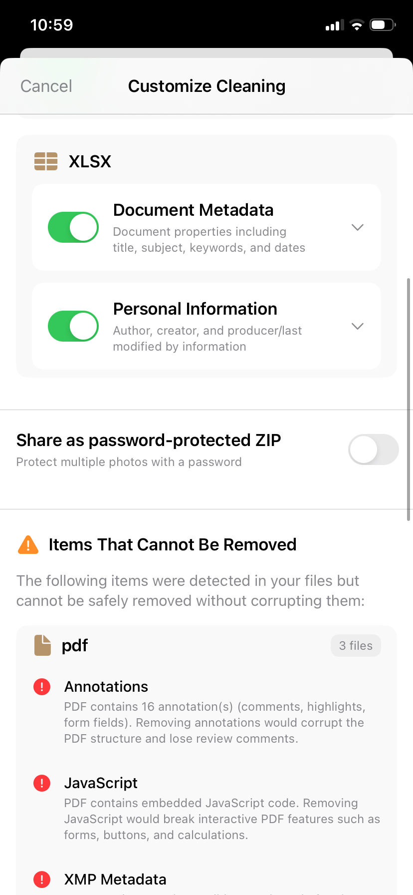 PrivyClean iPhone screen showing hidden risks before cleaning