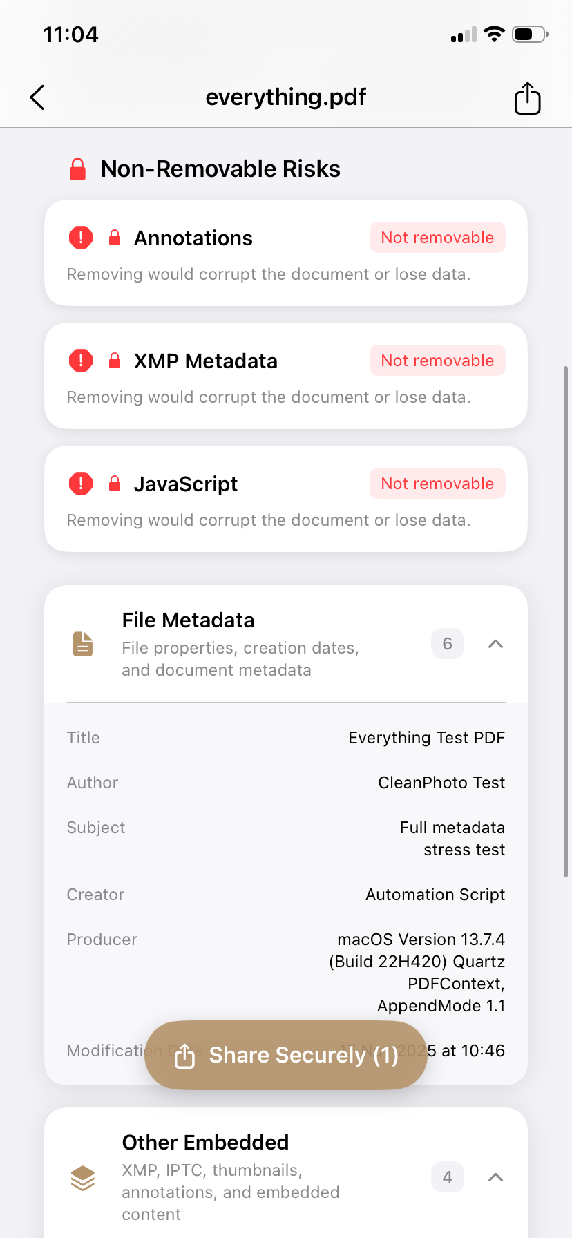 PrivyClean iPhone screen warning about items that cannot be safely removed